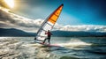 Windswept Serenity. Windsurfing Amidst Nature\'s Beauty with Billowing Sail Royalty Free Stock Photo