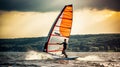 Windswept Serenity. Windsurfing Amidst Nature\'s Beauty with Billowing Sail Royalty Free Stock Photo