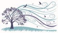 Windswept tree with birds, dynamic nature artwork vector design Generative AI