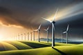 Windturbines Farm. Eco Wind Energy Illustration. Thunder With Cloudy Sky Over The Wind Turbines. Generative AI