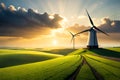 Windturbines Farm On The Field. Eco Wind Energy Illustration. Thunder With Cloudy Sky Over The Windmill Turbines. Generative AI