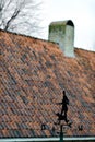 Windvane with hunter and dog opposite the traditional tile roof somewhere in Netherlands Royalty Free Stock Photo