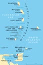 Windward Islands, political map, islands of Lesser Antilles in the Caribbean