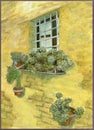 Window Box Flowers Scene Painting with Rustic Brick Wall