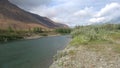 Windy August day on the Bank of the river Sob. Polar Urals, Russia