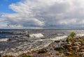 Windy autumn day on the shore of lake Ladoga. Royalty Free Stock Photo