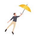 Windy day and man flies with umbrella. Man with an umbrella gone with the wind