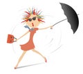 Windy day and young woman with umbrella illustration.