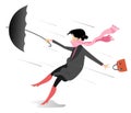 Windy day and young woman with umbrella illustration