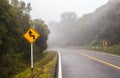 Windy forest road with a curve sign on a foggy day at Doi Intha Royalty Free Stock Photo