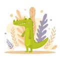 Windy illustration of a cute crocodile stands on the background of the jungle. A green funny aligator stands on its hind legs and