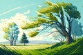 windy meadow with trees and grass against backdrop of clear sky spring day Royalty Free Stock Photo