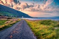 Windy morning scene of Hestur Island. Stunning sunrise view of Kirkjubour village, Faroe Islands, Kingdom of Denmark, Europe. Tra