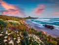 Windy spring scene of Sardinia, Italy, Europe. Attractive morning view of Capo San Marco Lighthouse on Del Sinis peninsula. Specta Royalty Free Stock Photo