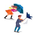 Windy Weather People Try Holding Umbrella Vector