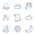 Windy weather, Walnut and Cloudy weather icons set. Moon stars, Thermometer signs. Vector