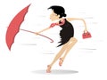 Windy weather, young woman and umbrella illustration