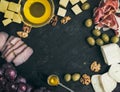 Wine appetizer set: cheese and meat selection with grapes, honey