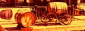Wine background with wooden cart and barrel