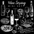 Wine bar or gastro pub useful elements set. Hand drawn sketch style objects isolated on black background