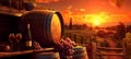 wine barrel alcohol winery sunset bottle glass drink grape beverage. Generative AI. Royalty Free Stock Photo