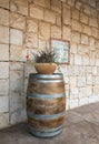 Wine barrel and flower pot near the entrance to the Psagot winery in Samaria region in Benjamin district, Israel