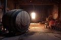 wine barrel with iron hoops in a dusty barn