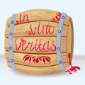 Wine barrel with red wine. letering in vino veritas. Elite classic alcoholic drink in wooden barrel vector Royalty Free Stock Photo