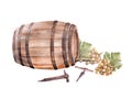 Wine barrel with winemaking accessories, corkscrew, taps, grapes. Watercolor hand draw illustration Royalty Free Stock Photo