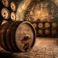 Wine Barrel in Winery Cellar, Old Whiskey, Alcohol Keg, Wine Barrel Mockup, Abstract Generative AI Illustration