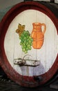 Wine barrel in winery with grapes and jug drawing Royalty Free Stock Photo