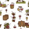 Wine and barrels with alcoholic beverage seamless pattern vector. Royalty Free Stock Photo