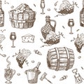 Wine and barrels with alcoholic beverage seamless pattern vector. Royalty Free Stock Photo