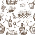 Wine and barrels with alcoholic beverage seamless pattern vector. Royalty Free Stock Photo