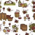 Wine and barrels with alcoholic beverage seamless pattern vector Royalty Free Stock Photo