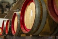 Wooden wine barrels in a very old basement Royalty Free Stock Photo