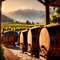 Wine barrels and casks against touristic vineyard wine farm