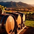 Wine barrels and casks against touristic vineyard wine farm