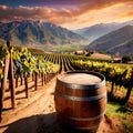 Wine barrels and casks against touristic vineyard wine farm