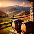 Wine barrels and casks against touristic vineyard wine farm