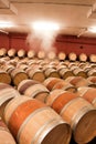 Wine barrels in cellar. Cavernous wine cellar with stacked oak b