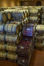 Wine barrels in the cellar of the winery. Wine barrels in wine vaults. Producer: Antinori Bolgheri, Tuscany, Italy