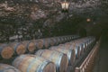 Wine barrels in a old cellar at winery. Wooden barrels of wine in vineyard. Royalty Free Stock Photo