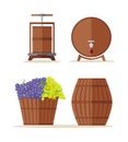 Wine barrels set. Basket with grape.