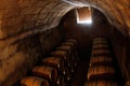 Wine barrels on a dry and cold antique room in a cellar in mallorca