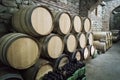 Wine barrels stacked in the old cellar Royalty Free Stock Photo