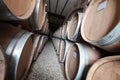 Wine barrels stacked in old winery cellar Royalty Free Stock Photo