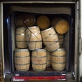 Wine barrels stacked in Truck ,Loading dock, Bordeaux Vineyard