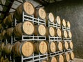 Wine barrels in the store room of SULA wine yard at Nashik, Maharashtra, India Royalty Free Stock Photo