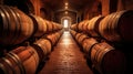 Wine barrels in wine vaults. Generative Ai